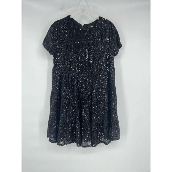 Lulus Taking A Shine Black Sequin Tiered Mini Short Sleeve Shift Dress Size XS - Picture 2 of 11